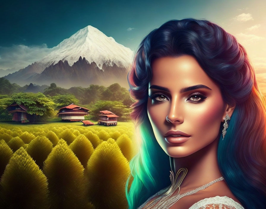 Colorful-haired woman in front of scenic mountain backdrop and traditional houses.