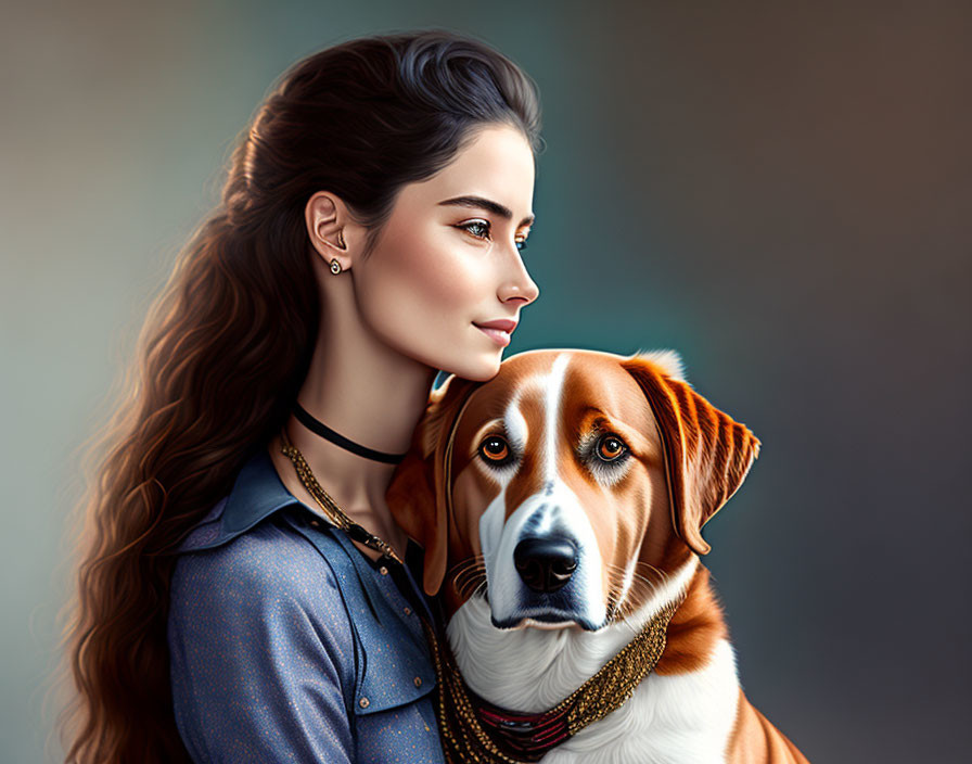 Digital artwork of woman with long hair and blue shirt beside brown and white dog.