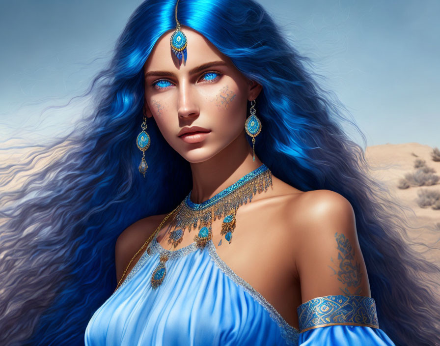 Vibrant blue-haired woman with gold and blue jewelry in desert scene