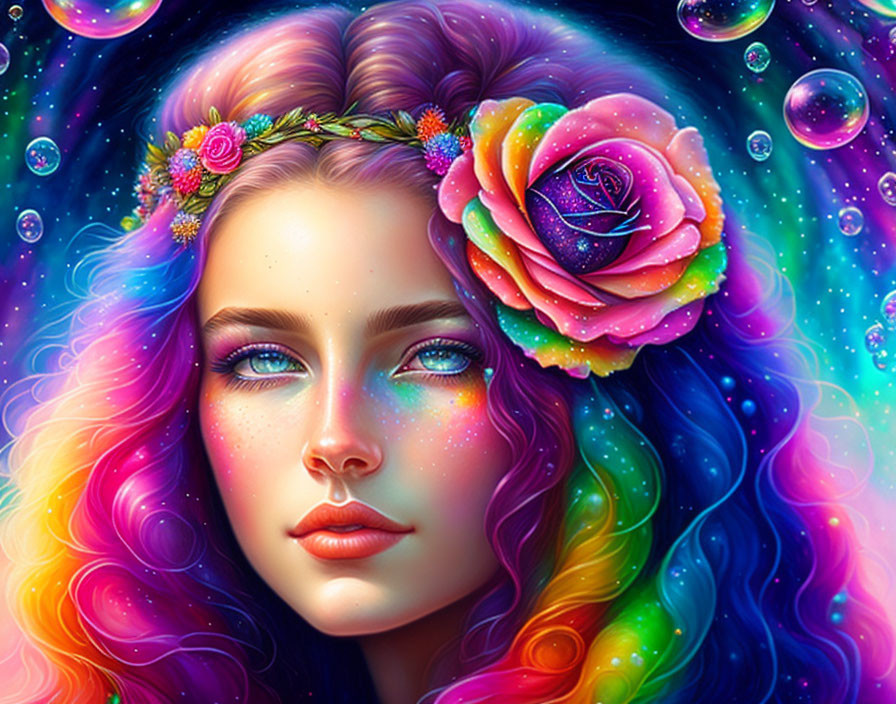 Colorful digital artwork: Woman with multicolored hair and floral headband in vibrant setting.