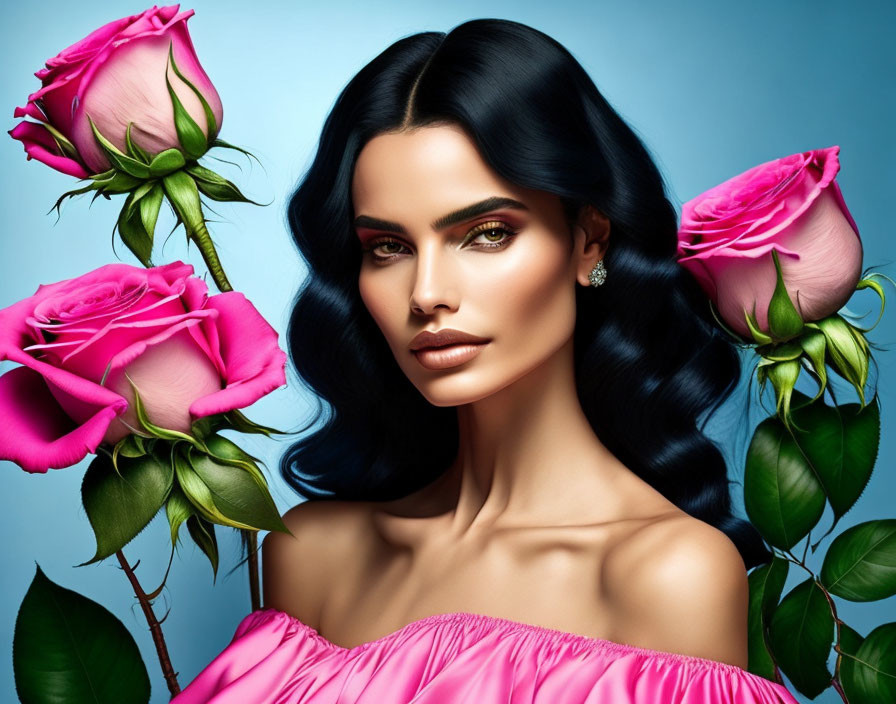 Dark-haired woman in pink off-shoulder attire posing with blue backdrop and pink roses