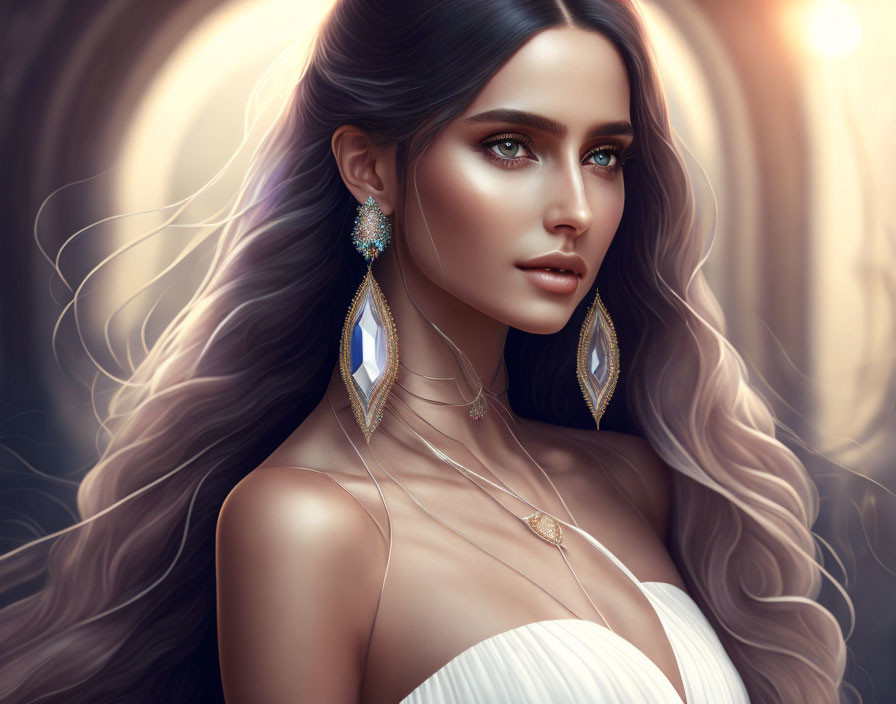 Digital Artwork: Woman with Flowing Hair & Green Eyes