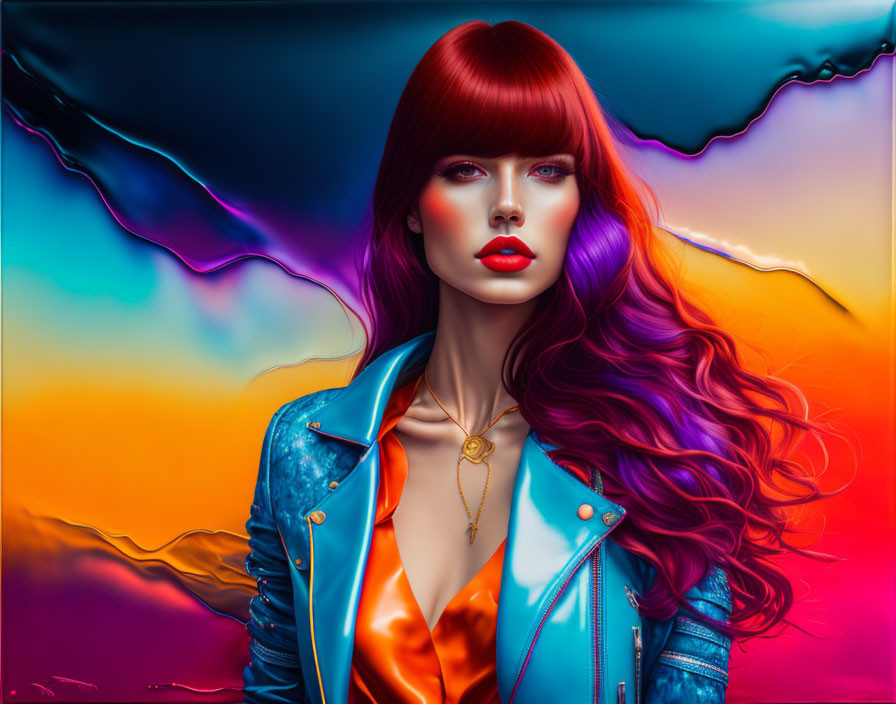 Vibrant Red Hair Woman in Abstract Colorful Background