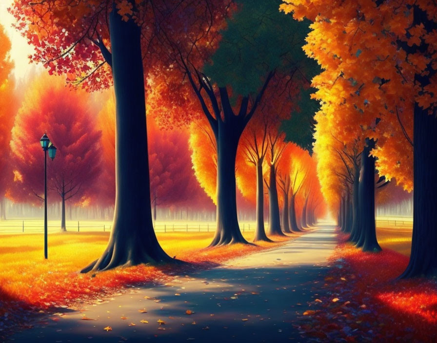 Vibrant autumn path with colorful trees and lamppost