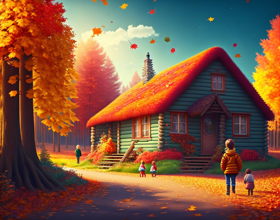 Children walking to cozy cottage in autumn scenery.