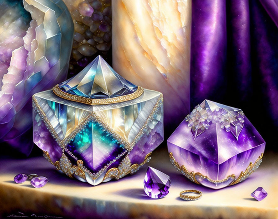 Colorful Gemstones and Crystals in Rich Purple Hues on Geode Background