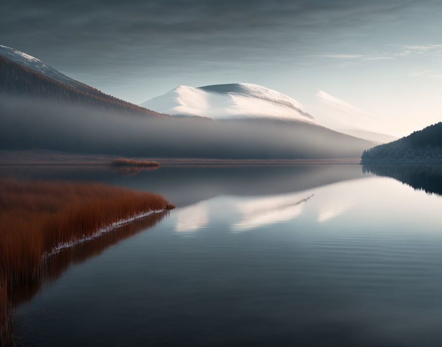 Tranquil landscape: snow-capped mountains, misty lake, forest, hazy sky