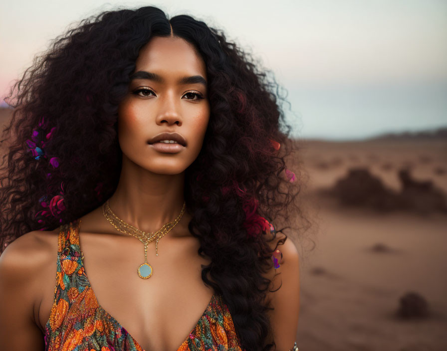 Curly-haired woman in colorful dress in desert at golden hour