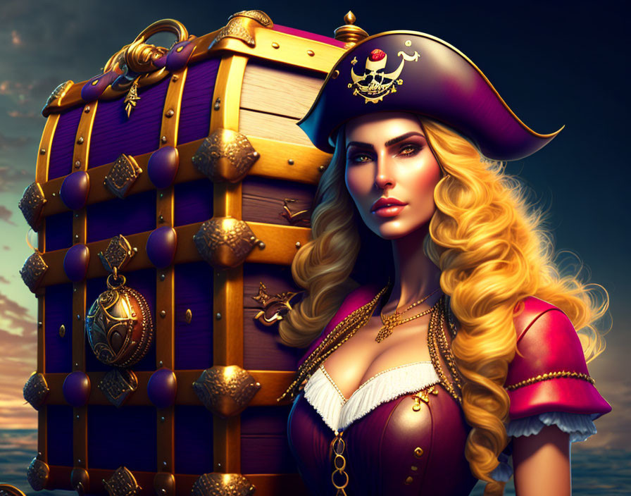 Stylized illustration of female pirate with blond hair and tricorne hat near treasure chest under dramatic