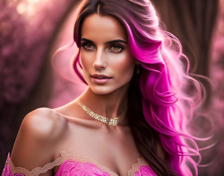 Vibrant pink-haired woman in pink dress with green eyes and diamond necklace on pink floral backdrop