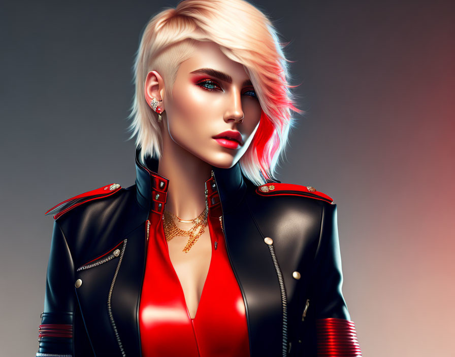 Blonde Woman in Red Top and Leather Jacket Artwork