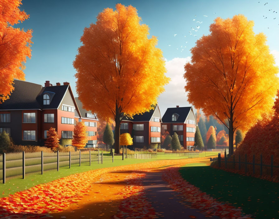 Autumn landscape: orange trees, leaf-covered road, elegant houses.