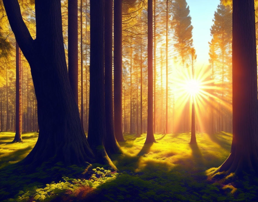 Serene forest sunrise with tall trees and lush green undergrowth