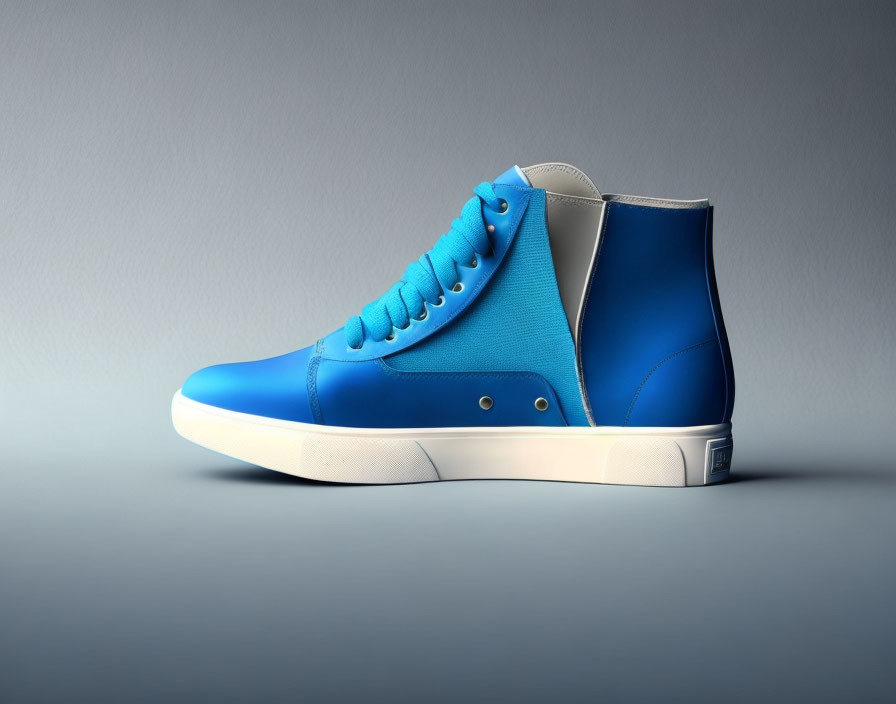 Blue High-Top Sneaker with White Details on Gray Background