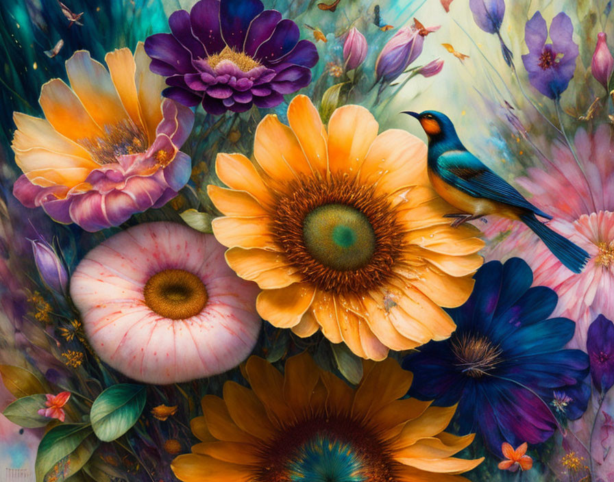 Colorful Bird Perched on Sunflowers Amid Blossoming Flowers