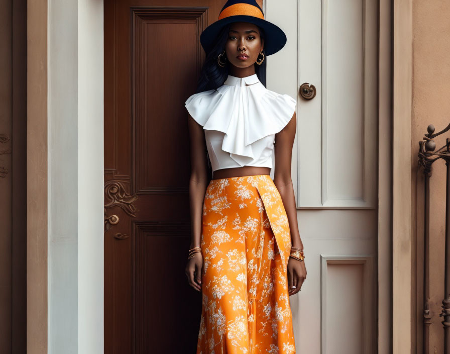 Fashionable Woman in White Ruffled Top and Orange Skirt with Blue Hat Standing by Wooden Door