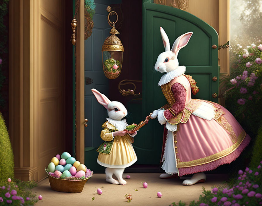 Anthropomorphic rabbits in elegant attire with Easter decorations