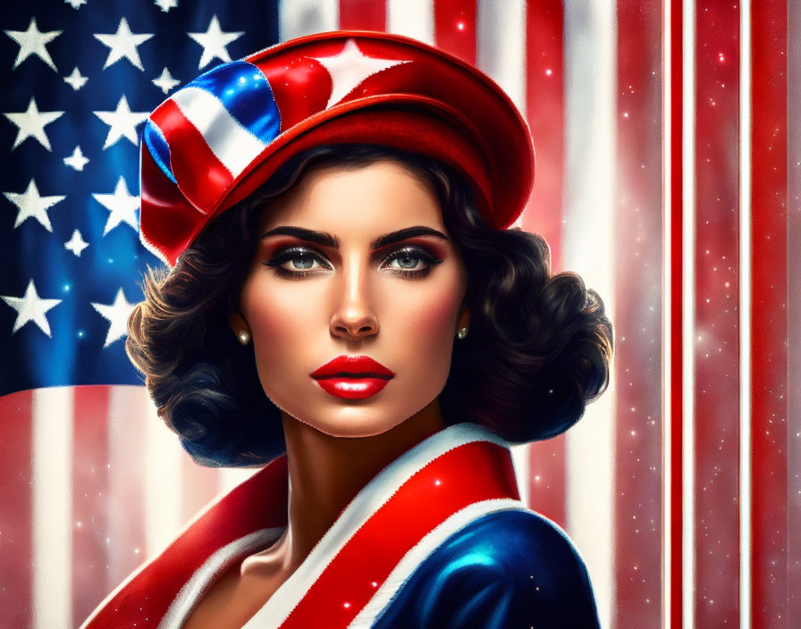 Vintage-inspired woman illustration with American flag motif hat and draped flag on striped background