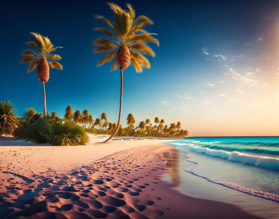 Tropical Beach with Palm Trees and Blue Water at Sunrise or Sunset