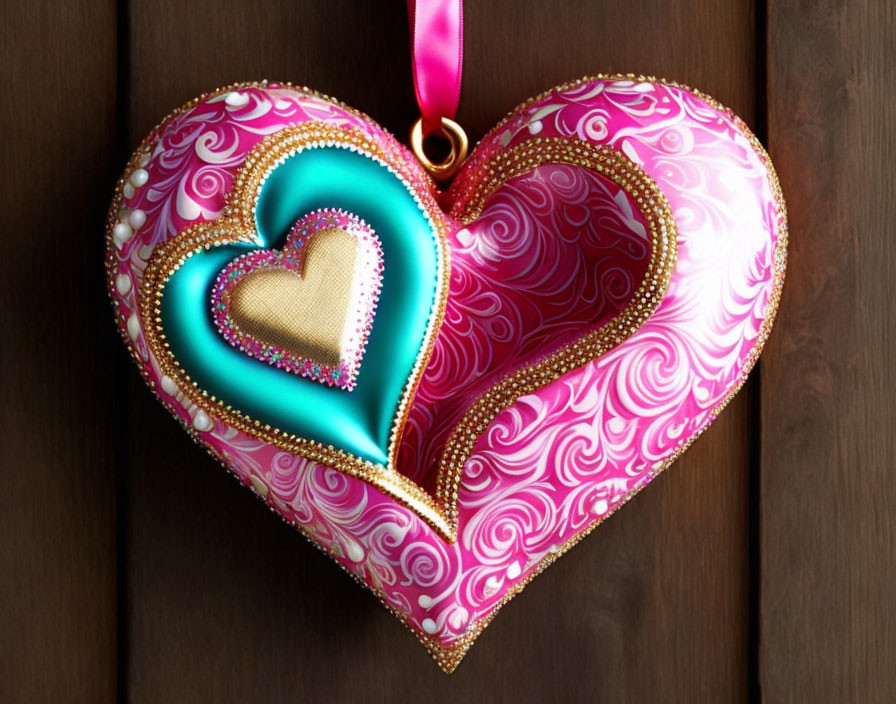 Heart-shaped decorative object with concentric hearts, pink, gold, and blue patterns, hanging on wooden