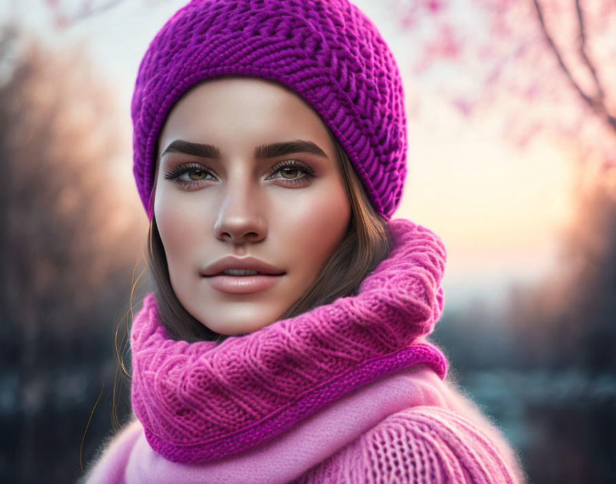 Magenta Beanie Woman with Green Eyes in Sunset Scene