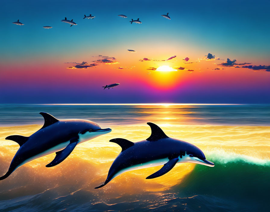 Ocean sunset: Two leaping dolphins with birds in colorful sky