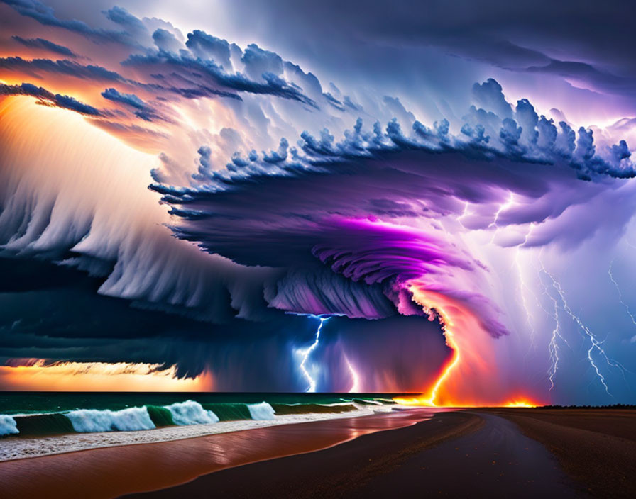 Dramatic beach landscape with rolling clouds and lightning strikes