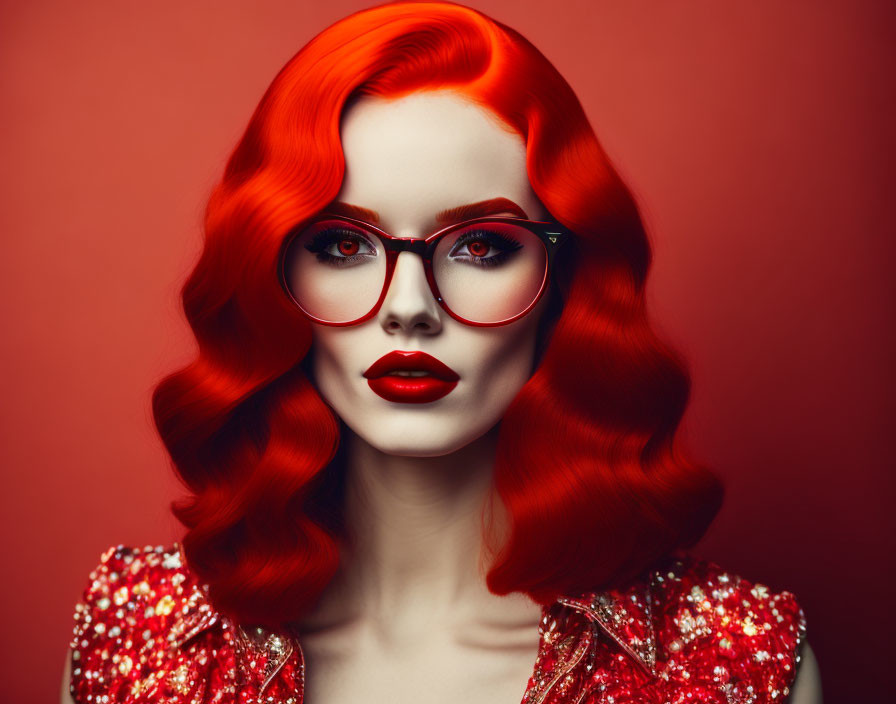 Vibrant red-haired woman in large glasses and sequined outfit on red background