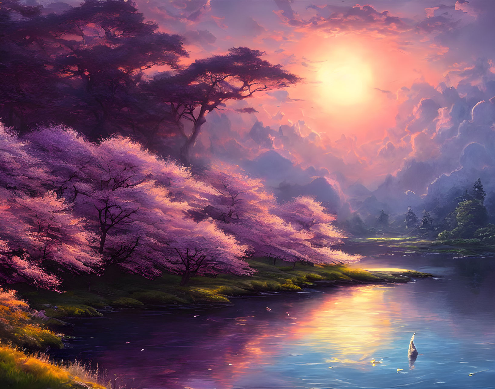 Pink Blossoming Trees, Tranquil River, Small Boat, Sunlit Mountains