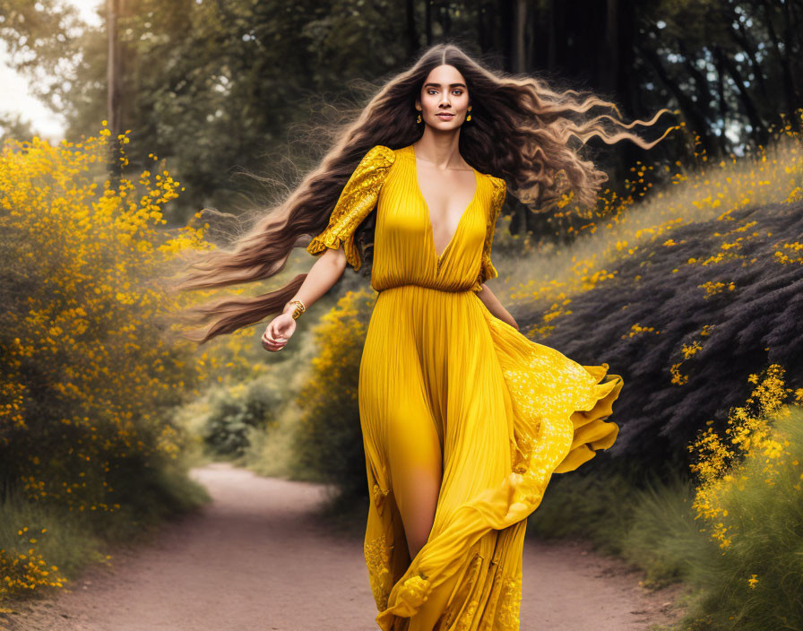 Woman in flowing yellow dress walking among yellow flowers and greenery