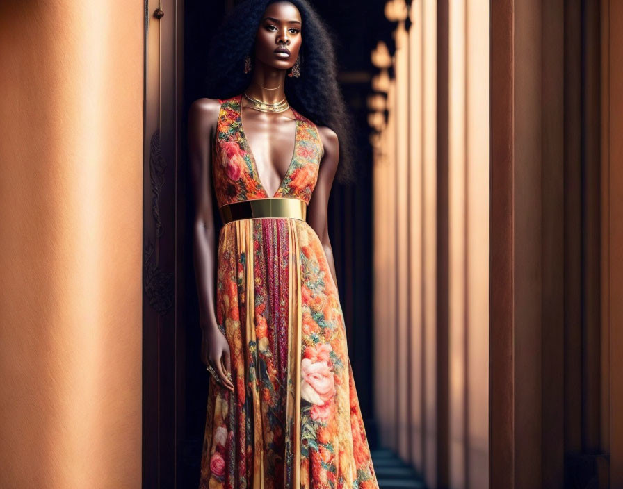 Woman in Floral Dress Poses Between Golden Panels