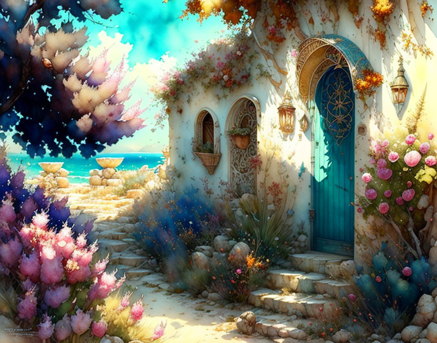 Colorful flowering path leading to intricate door by tranquil seaside