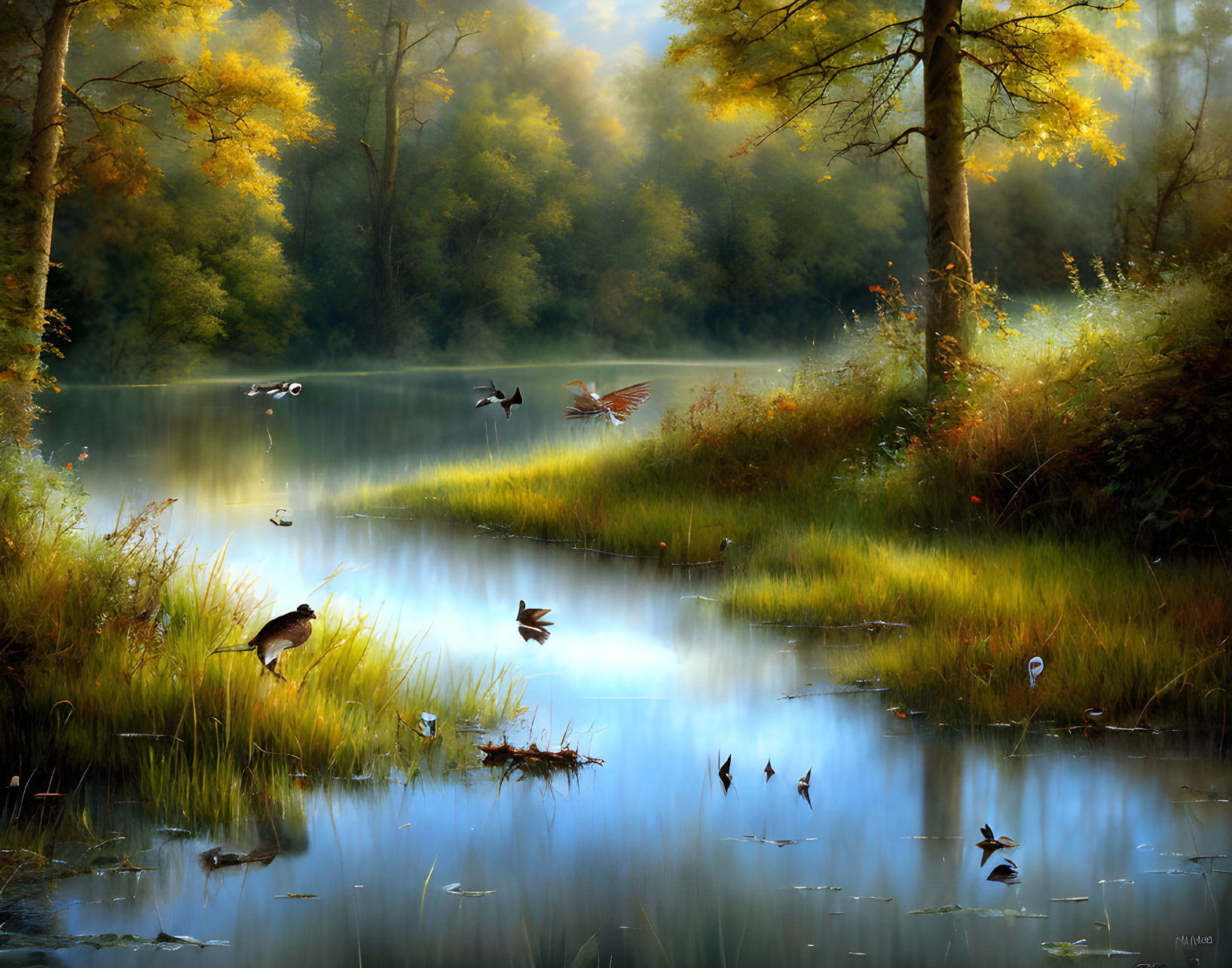 Tranquil lake scene with ducks in flight and lush greenery