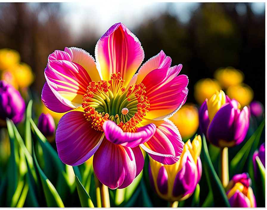 Close-up vibrant pink and yellow tulip in full bloom with soft-focused purple flowers and greenery.