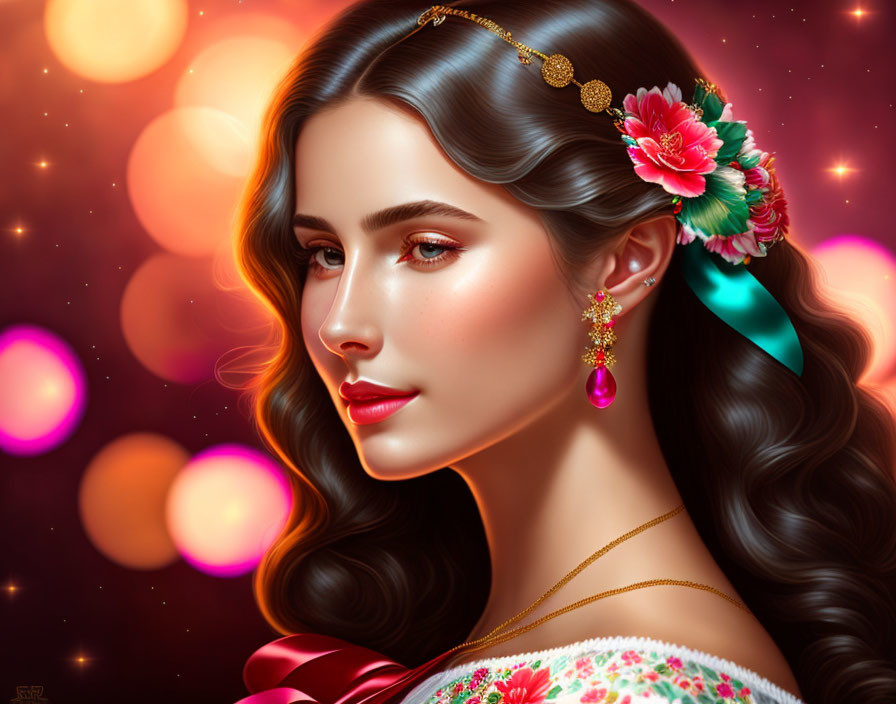 Detailed digital portrait: Woman with floral hair accessory, glowing skin, decorative headpiece, bokeh background