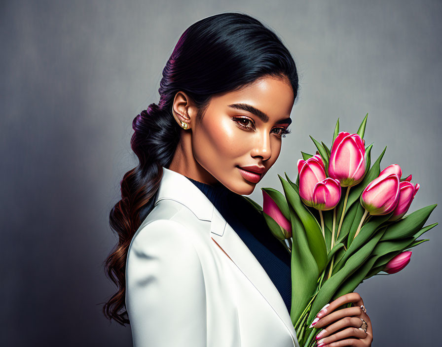 Woman with sleek hair holding pink tulips in white blazer