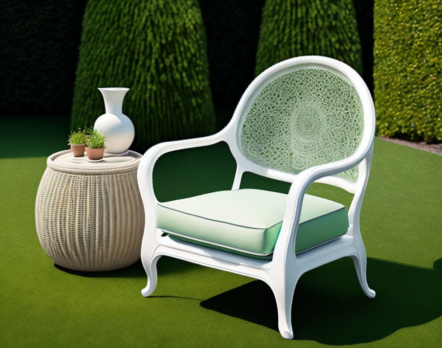 White ornate garden chair with green cushion on lush lawn next to round wicker table with vase and