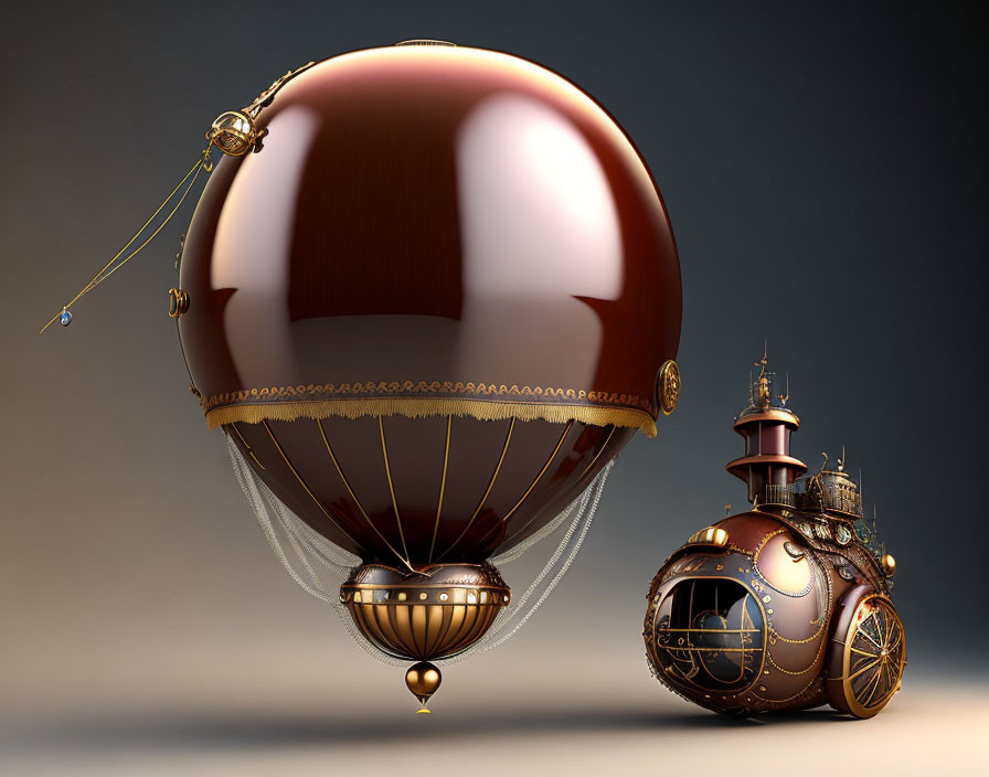 Steampunk-style airship with brown balloon and metallic structure.