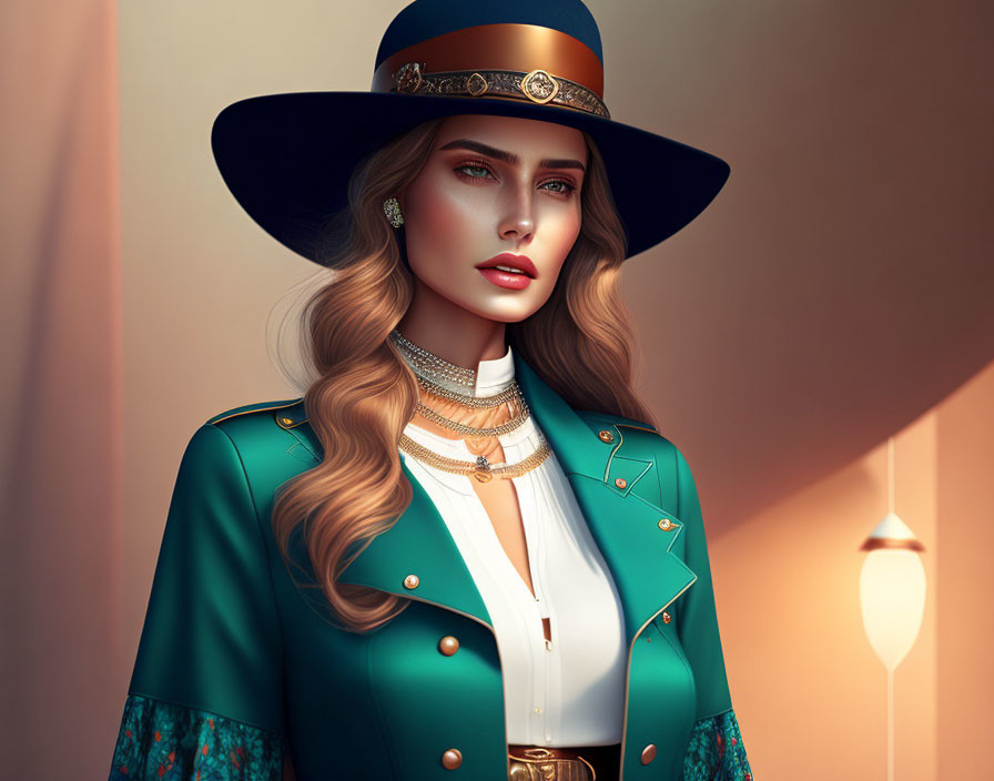 Digital portrait of woman in wide-brimmed hat and teal jacket