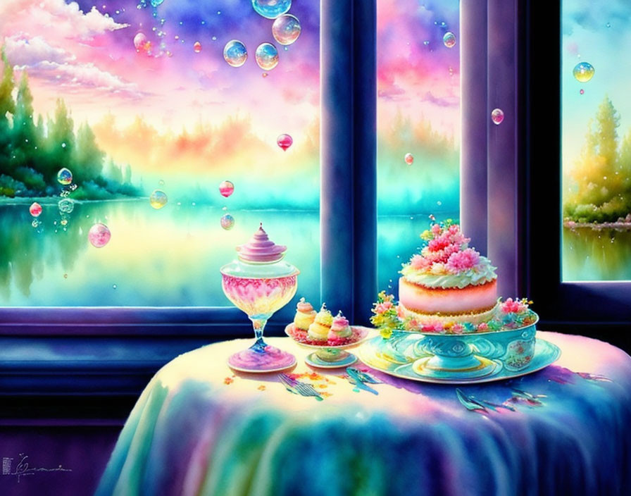 Colorful Desserts Displayed Near Window with Sky View and Floating Bubbles