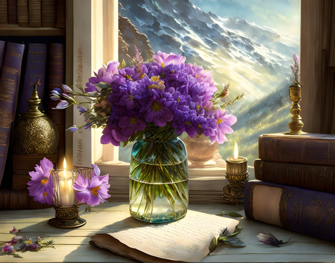 Tranquil scene with purple flowers, open book, lantern, and snowy mountain view.