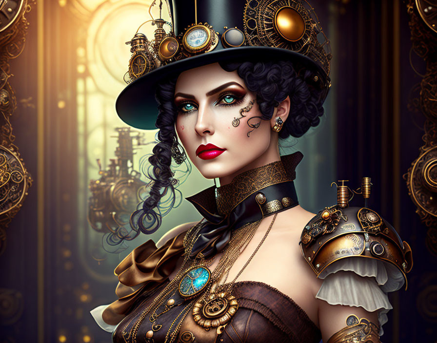 Steampunk-themed woman with top hat and mechanical accessories