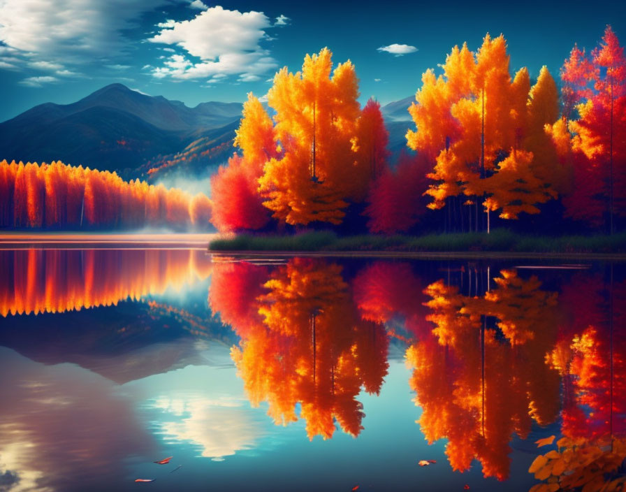 Autumn trees, lake reflection, mountains, and blue sky scene.