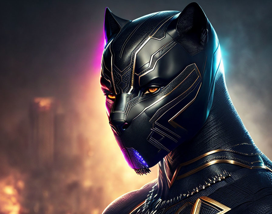 Detailed Black Panther superhero costume close-up against fiery backdrop