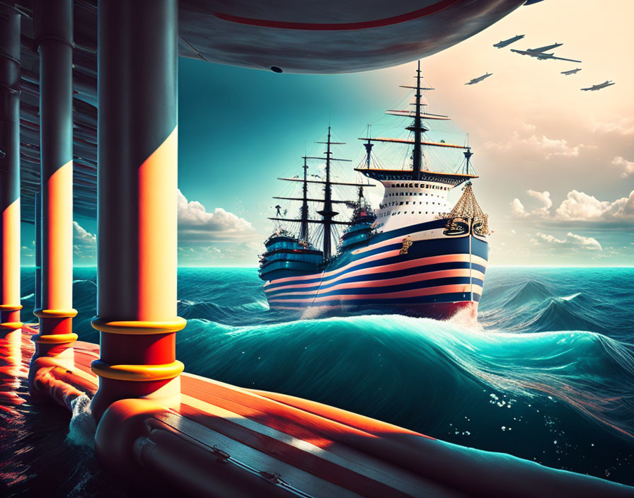 Surreal image: Striped ship under floating island, ocean waves, birds