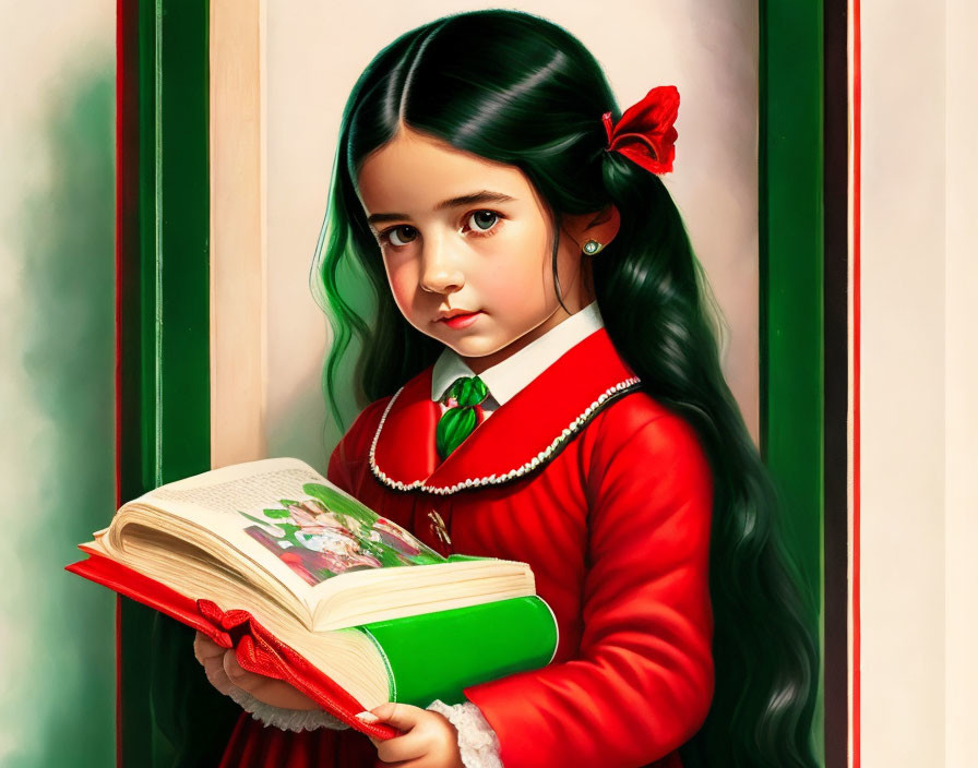 Young girl with long dark hair holding open book with illustrations in green dress