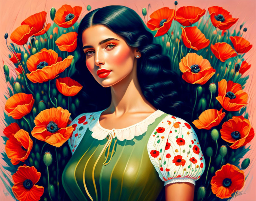 Stylized portrait of woman with dark hair and red lips among vibrant red poppies