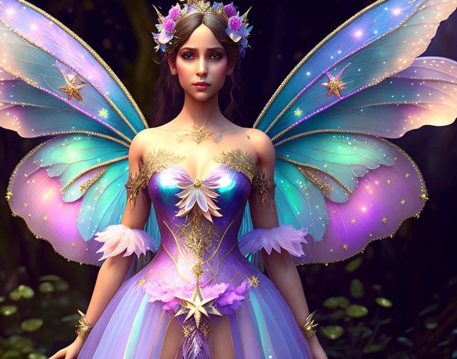 Iridescent fairy with star gown in enchanted forest