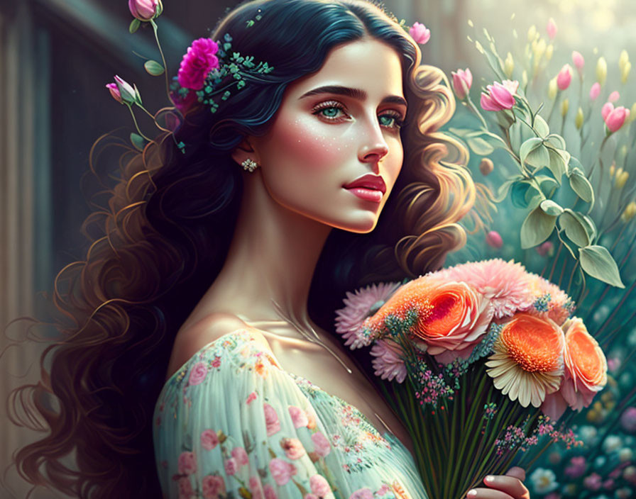 Digital painting of woman with flowing hair and bouquet, surrounded by vibrant flowers.