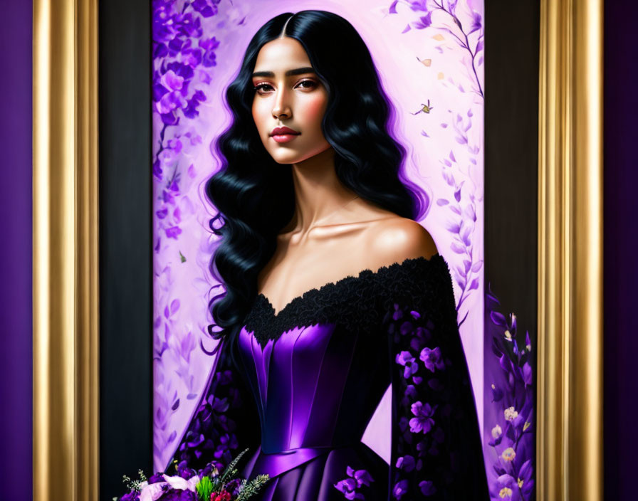 Digital artwork: Woman with long black hair in purple dress, framed by golden frame on floral background